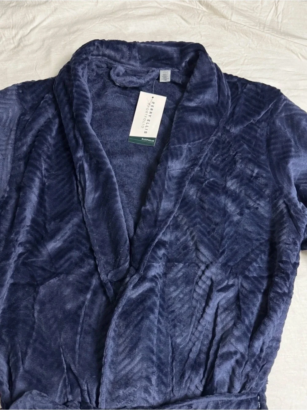Perry Ellis Men's Herringbone Textured Soft Fleece Robe Navy Blue NEW O/S